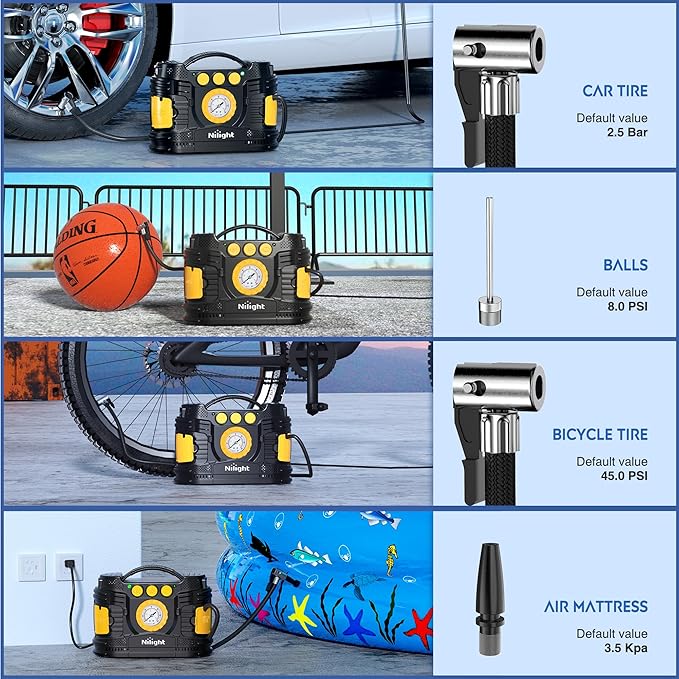 Nilight Tire Inflator Portable Air Compressor Dual Power Car 12V DC Home 110V AC Pump w/Analog Pressure Gauge Fast Inflate Auto Shutoff for Cars SUV Motorcycle Bicycle
