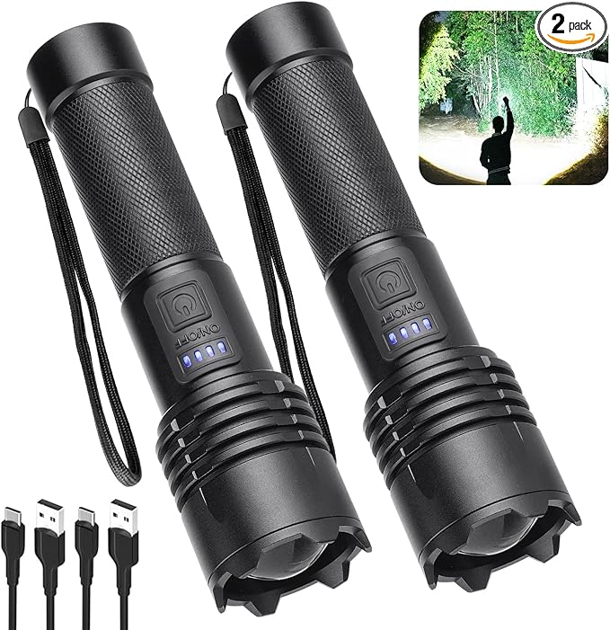 Alicegirl Rechargeable 99000 High Lumens LED Flashlights 2 Pack, Super Bright Flashlight with 3 Modes, IPX6 Waterproof, Powerful Handheld Flash Light for Home Camping Emergency (Black)