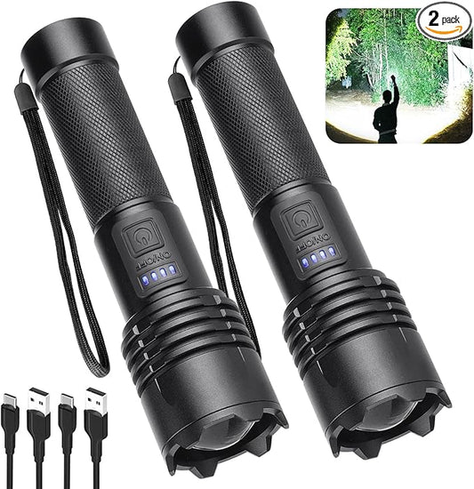 Alicegirl Rechargeable 99000 High Lumens LED Flashlights 2 Pack, Super Bright Flashlight with 3 Modes, IPX6 Waterproof, Powerful Handheld Flash Light for Home Camping Emergency (Black)