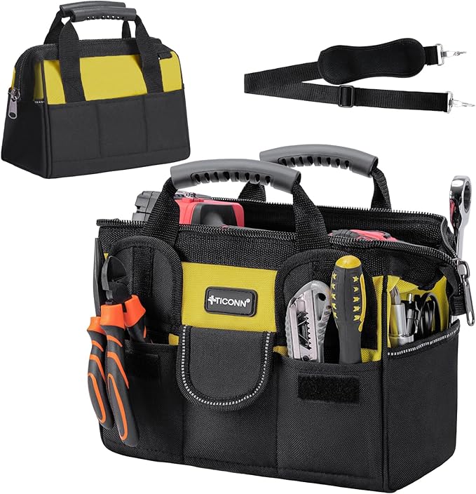 TICONN Heavy Duty Tool Bag with Multi-Pockets, Portable Tool Box Organizer Storage Bag, with Adjustable Shoulder Strap and Ergonomic Handle (Yellow, 12" Standard Base)