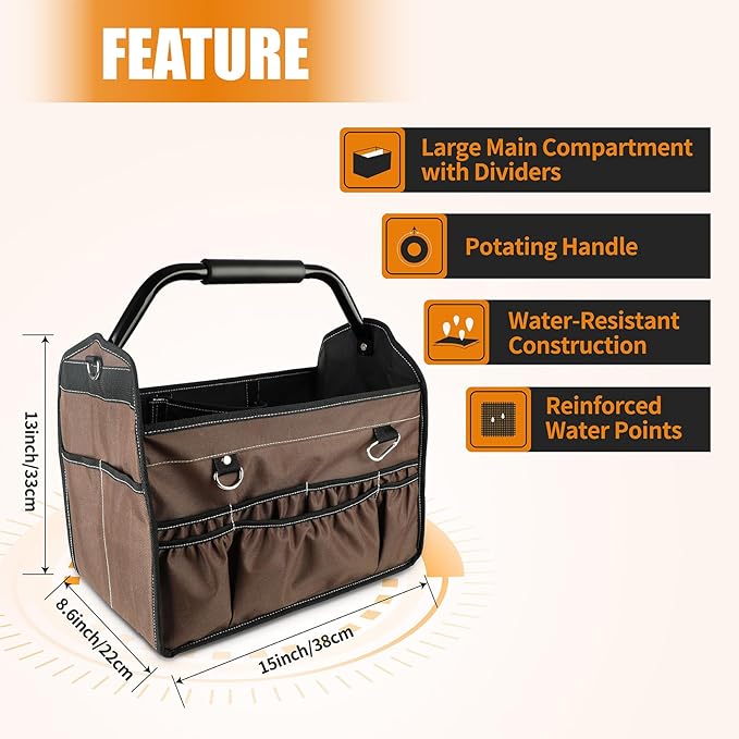 KUNLUN 17-Inch Open Top Tool Bag, Electrician Tool Bag, Tool Tote Bag Organizer for Easy Tool Access, 33 Pockets Foldable Tool Carrier with Rotating Steel Handle and Removable Shoulder Strap, Brown