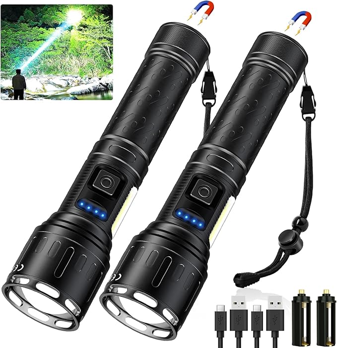 Rechargeable Magnetic Flashlights High Lumens, Super Bright LED Powerful Flashlight 8 Modes with COB Work Light, Waterproof Handheld Flash Light for Camping (2 Pack with Paper Box, Black)
