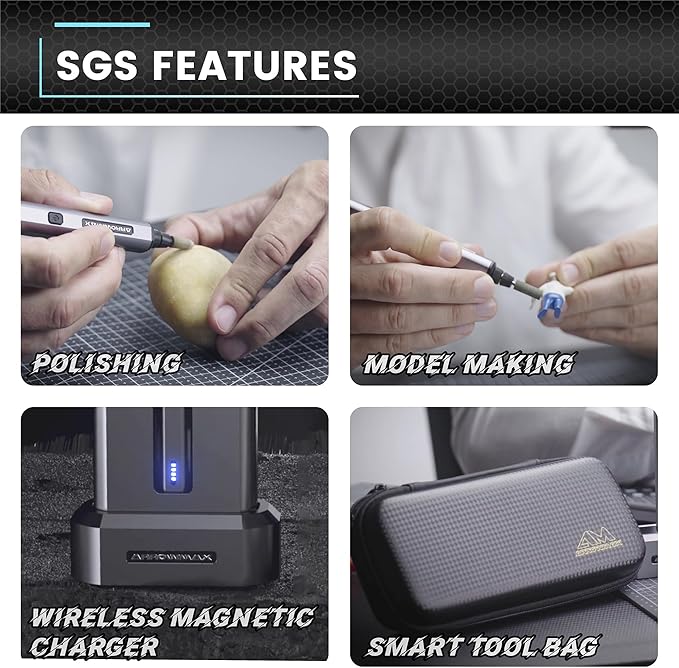 AM ARROWMAX Electric Mini Engraving Pen with 36 Bits, Aluminum Case, APP, Wireless Magnetic Charger, Tool Bag, Cordless Rotary Tool, Engraving Pen for Metal, Wood, Glass and Plastic (SGS MINI PLUS)