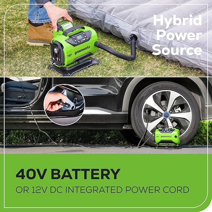 Greenworks 40V Cordless Tire Inflator, 160 PSI Portable Air Compressor, 2 Power Sources, Auto Shut Off, for Car, Bicycle, Motorcycle, Air Boat, Inflatables, Tool Only