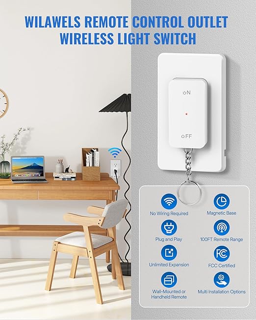 Remote Control Outlet, WILAWELS Remote Switch Outlet with Magnetic Base, Wireless On Off Outlet Switch for Light, Lamp, Fan, Appliance, 100ft RF Range, 15A/1875W, Pre-Programmed, FCC Listed W10RC1106