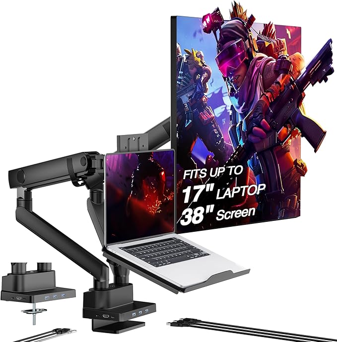 AVLT Dual 17”-38" Monitor Arm Desk Mount with 17" Laptop Tray and USB-C Docking Station, HDMI 4K60Hz, USB-A 5Gbps, Ethernet, 100W PD, Fits Two Flat/Curved Monitor - Black