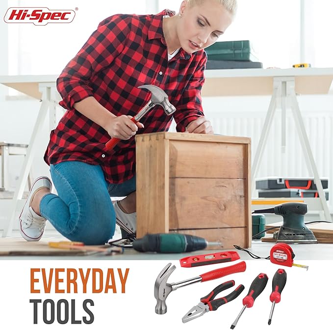 Hi-Spec 42pc Red Household DIY Small Tool Kit. Toolbox Set of Starter Basic Tools Kit for Home & Office