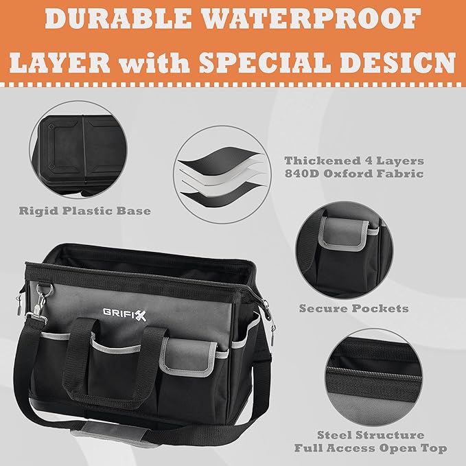 17-inch Tool Bag, Tool Box Organizer Storage, Wide Mouth Tool Tote Bag with Large Zipper, 17-Pocket Portable Adjustable Shoulder Strap and Ergonomic Handle (17" Molded Base)