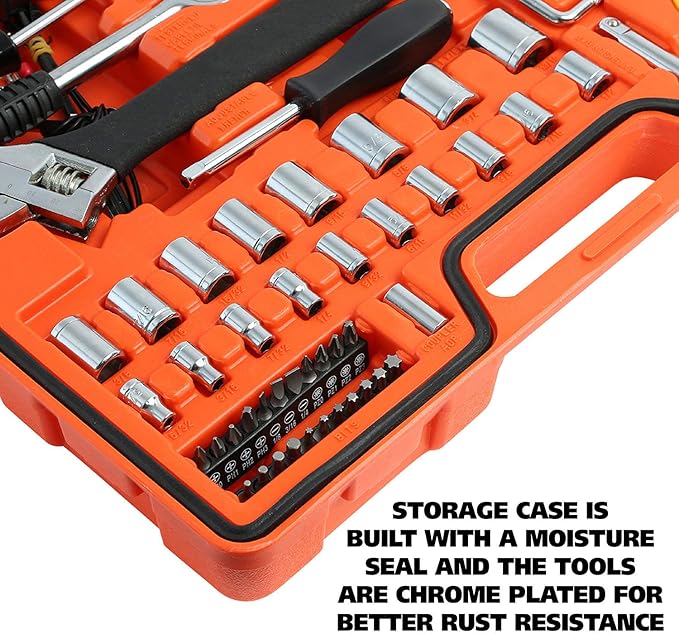 GreatNeck MS125 125 Piece Marine Tool Set, Complete With High Visibility, Water-Resistant Boat Tool Box Case, Anti-Rust Chrome-Plated Boat Supplies And Accessories, Orange