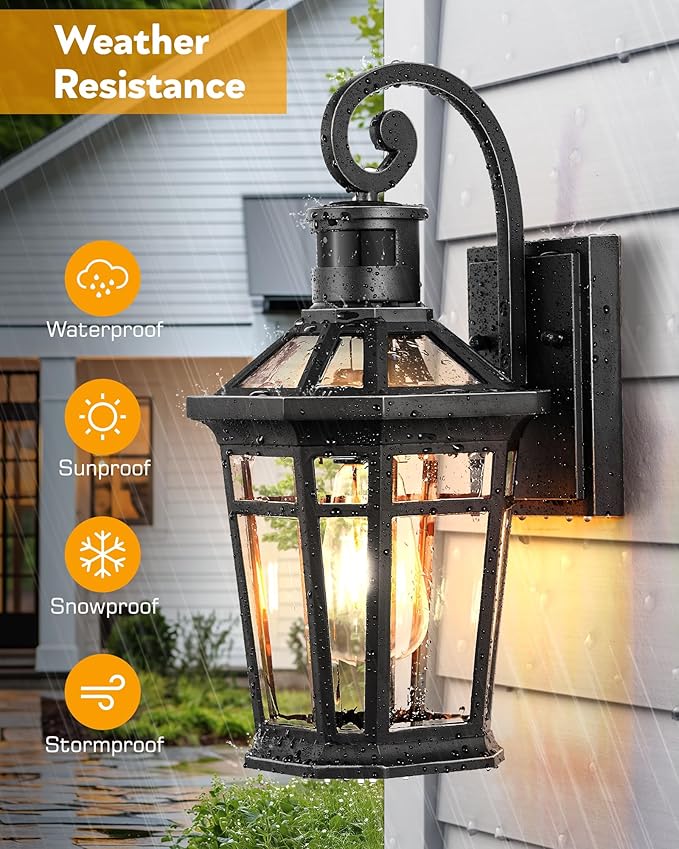 2 Packs Outdoor Lighting with Motion Sensor, Modern Dawn to Dusk Porch Light Fixture Wall Mount, Exterior Wall Lantern Sconce with Matte Black Finish, Waterproof Coach Lights for Garage, Patio