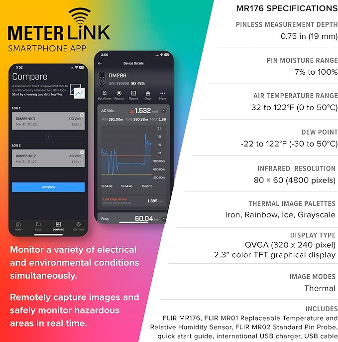 FLIR MR176 - Thermal Imaging Moisture Meter - with IGM (Infrared Guided Measurement), Replaceable Hygrometer, Pin and Pinless