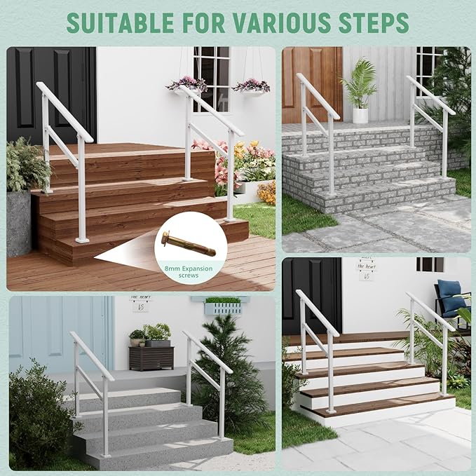 2 Pack Hand Rails for Outdoor Steps,2-3 Step Railing for Stairs,Adjustable Porch Railing,Hand Rails for Seniors,Outdoor Deck Handrails for Exterior Steps,White