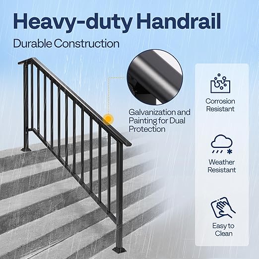 VIVOHOME 2-Pack 6 Step Galvanized Steel Hand Rails for Outdoor Steps – Black Oval and Safety Balusters Exterior Railing for Porch, Deck, or Indoor Stairs, Complete Installation Kit