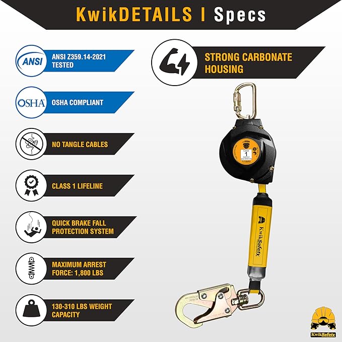 KwikSafety - 6' mini Mamba Self Retracting Lifeline [NO Tangle Web] Class 1 Retractable Safety Lanyard SRL ANSI OSHA