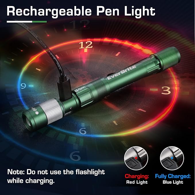 EverBrite Pen Light, Rechargeable Pen Flashlights, 300 Lumens Zoomable LED Small Flashlight with Clip, Memory Function, USB-C Cable Included, Pocket Size for Camping, Emergency, Mechanic, Green