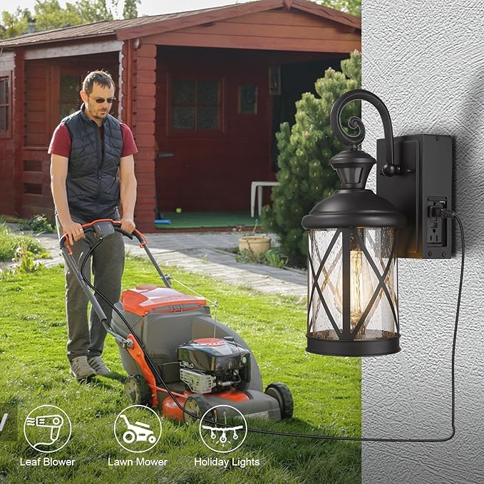 Darkaway Motion Sensor Outdoor Wall Light, Dusk to Dawn Outdoor Porch Light with GFCI Outlet Waterproof Exterior Wall Sconce with Seeded Glass Black Wall Mount Lighting Fixture for House Patio Garage