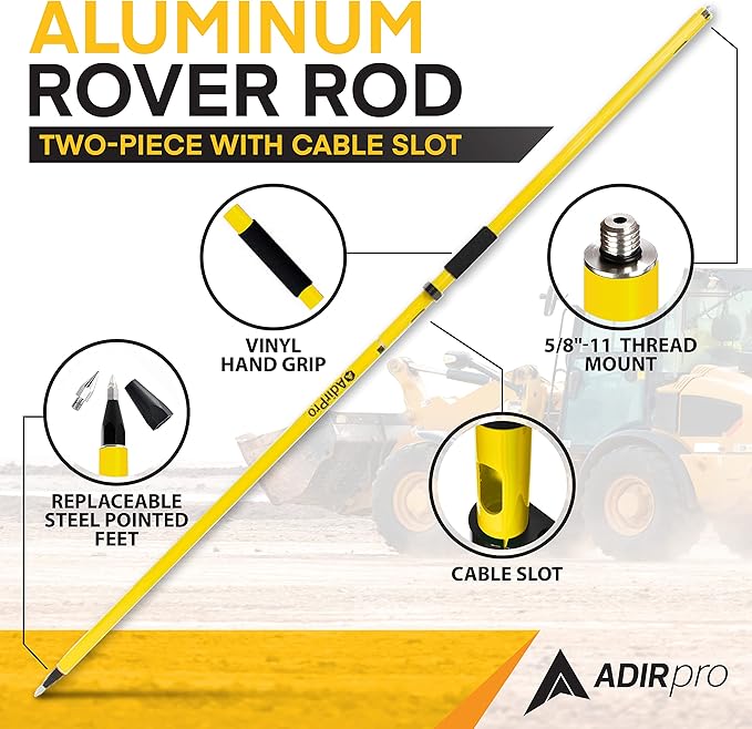 AdirPro Aluminum GPS Rover Rod – 2m 2-Piece Design GPS Pole for Land Surveying & Engineering – RTK GPS/GNSS Accessory – Includes Level Vial & Carrying Case (Yellow)