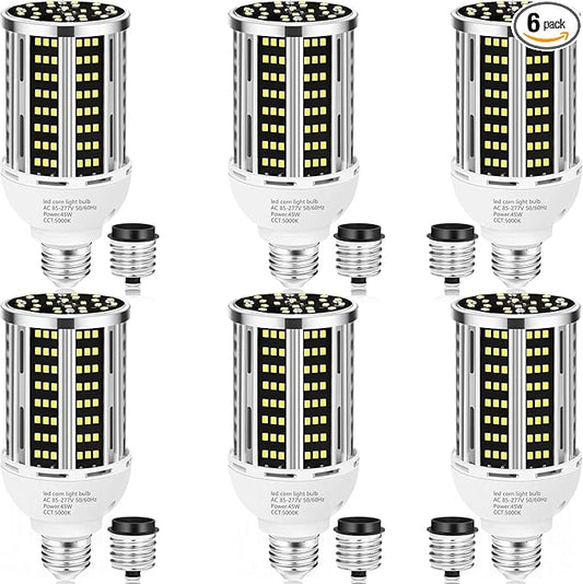 45W 6 pack LED Corn Light Bulb,400W Equivalent 5000K Commercial Grade Daylight E26/E39 6000LM Medium Mogul Base LED Lamp,Large Area Lights For Outdoor Indoor Garage Warehouse street Factory Bay Light