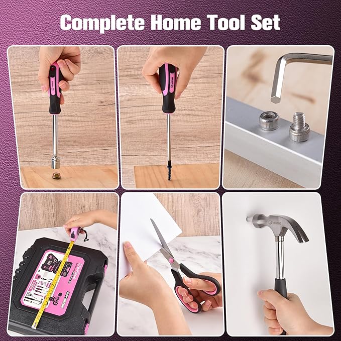 VIGRUE Tool Set with 8V Cordless Drill, Tool Kit with Drill, ToolBox for Men & Women, Home Hand Drill Set for Handyman, DIY (pink) 278 PCS