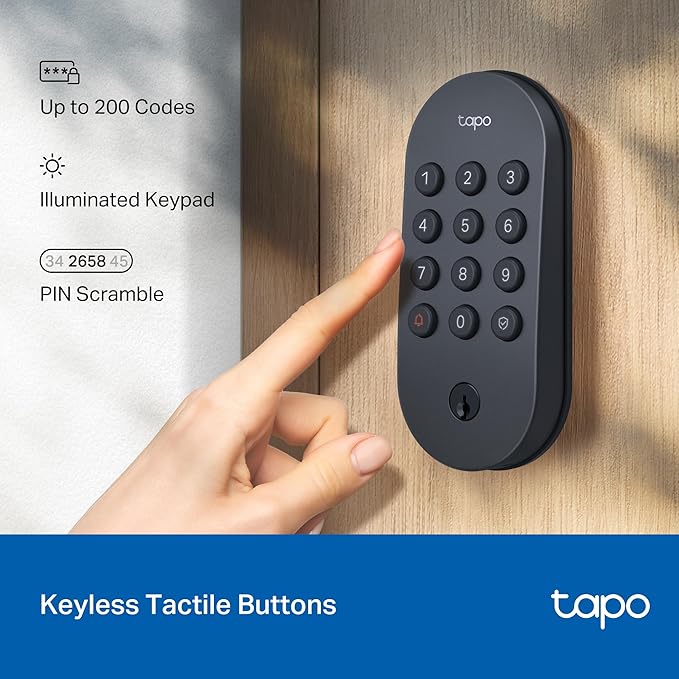 Tapo Smart Wi-Fi Deadbolt Door Lock – Keyless Tactile Buttons, Customized Access with in-App Monitoring, Auto-Lock, IP54 Weatherproof, BHMA Grade 3, Compatible with Standard Door Sizes, Tapo DL100