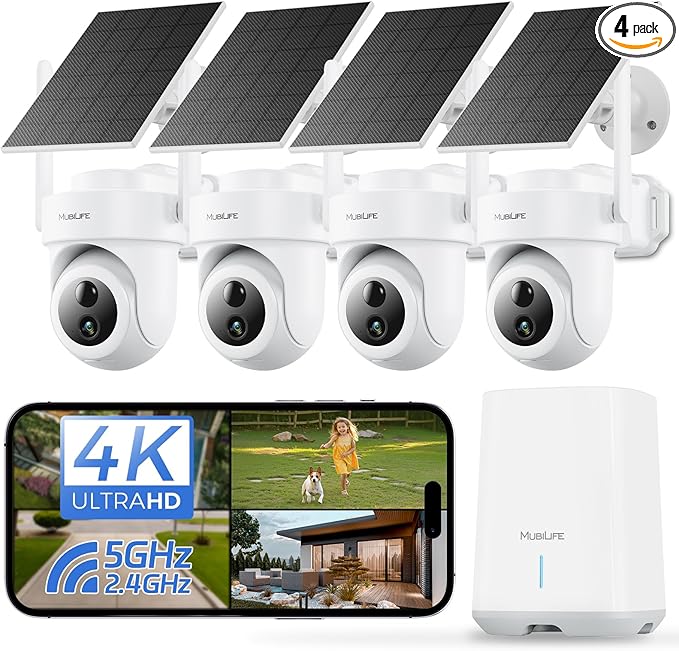 4K Security Cameras Wireless Outdoor, 4 Cam-Kit, No Subscription,5G Camers for Home Security System, 64GB Local Storage/Solar-Powered/AI Tracking/Color Night Vision/360° View/IP66/ Easy Setup