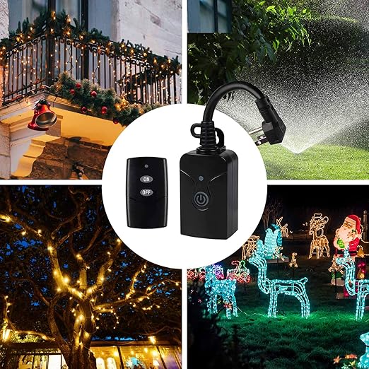 HBN Outdoor Indoor Wireless Remote Control 3-Prong Outlet Weatherproof Heavy Duty 15 A Compact 1 Remote 1 Outlet with Remote 6-inch Cord 100ft Range ETL Listed (Battery Included)