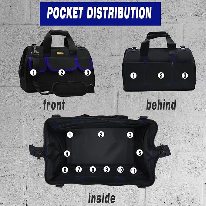 22 Inch Tools Bag, Waterproof Wide Mouth Tool Kit, Tools Big Bag, Heavy Duty Tool Tote Organizer With Adjustable Shoulder Strap For Men/Women (22IN Blue)