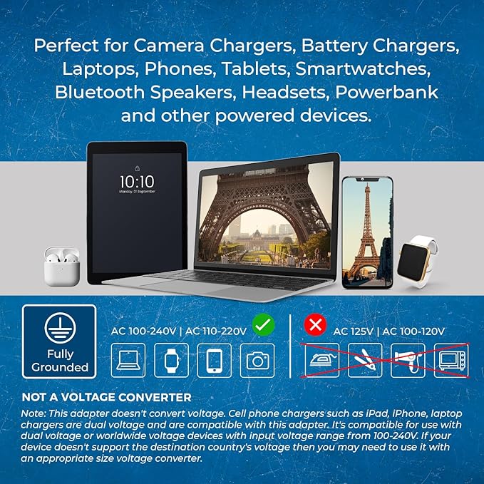 OREI Germany, France, Schuko Power Plug Adapter with 2 USA Inputs - Travel 3 Pack- Type E/F (US-9) Safe Grounded Use with Cell Phones, Laptop, Camera Chargers, CPAP, and More