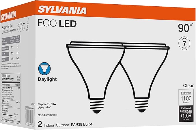 SYLVANIA ECO LED PAR38 Light Bulb, 90W = 14W, 7 Year, Non-Dimmable, 1100 Lumens, Clear, 5000K, Daylight – 2 Pack (40882)
