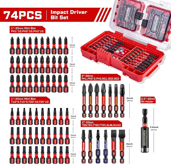 74Pieces Impact Screwdriver Bits Set, Magnetic S2 Steel Phillips/Slotted/Square/Torx Insert Power Bits Tips, Impact Bit Holder with Red Storage Box Case