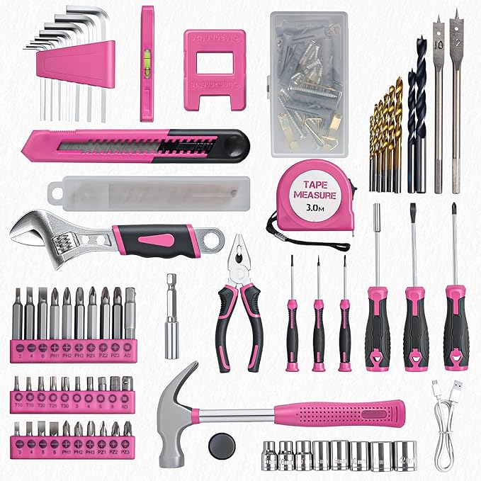 Tool Set - 8V Cordless Drill Kit, 132 Piece Box With Hand Drill, Home Kits for Men & Women, Perfect for Homeowner, Diyer, Handyman - Pink