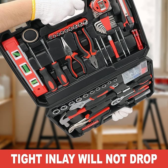 Yougfin 120 Piece Tool Set General Household Hand Kit with Plastic Toolbox Storage Case Red & Black