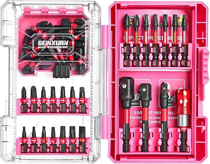 55Pieces Impact Screwdriver Bits Set, Magnetic S2 Steel Phillips/Slotted/Square/Torx Insert Power Bits Tips, Impact Bit Holder and Impact Socket Adapter with Pink Storage Box Case