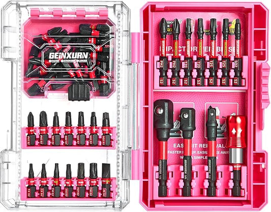 55Pieces Impact Screwdriver Bits Set, Magnetic S2 Steel Phillips/Slotted/Square/Torx Insert Power Bits Tips, Impact Bit Holder and Impact Socket Adapter with Pink Storage Box Case