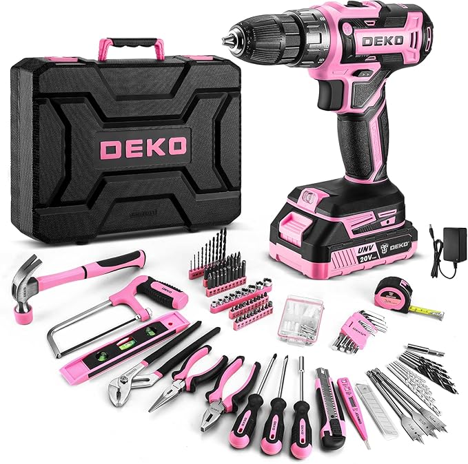 DEKOPRO Pink Drill Tool Kit Set: 20V Cordless Power Drill Tool Box with Battery Electric Drill Driver for Men Home Hand Repair Basic Toolbox Tools Sets Drills Case, DKMT186-GP