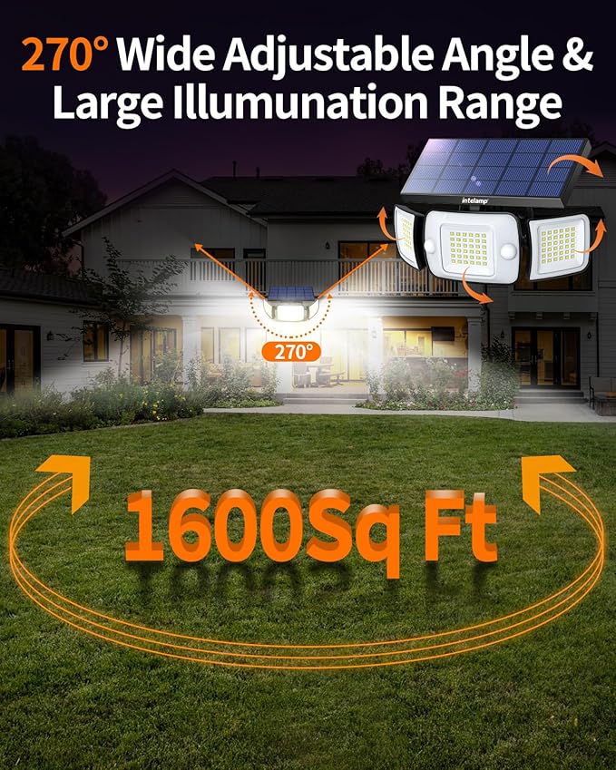 intelamp Solar Outdoor LED Flood Light with 4 Lighting Modes & Remote Control, Dual 180° Motion Sensor, 1200LM, High-Efficiency Panel, 6000mAh Battery, IP65 Waterproof for Garden Patio Yard Security