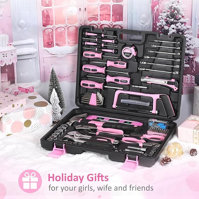 FASTPRO 198-Piece Pink Tool Set, Household Repairing Tool Set with Toolbox, SAE Mechanics Hand Tool Kit for DIY, Home Maintenance