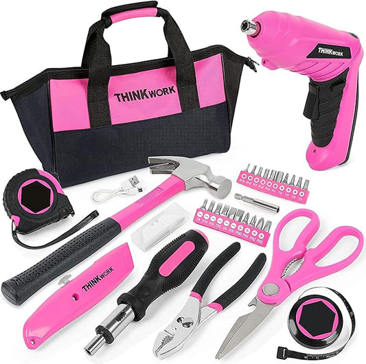 THINKWORK 41 Piece Pink Tool Set - Lady's Hand Tool Set with 3.6V Rotatable Electric Screwdriver, Home Repairing Tool Kit for Women with Large Mouth Open Tool Bag, Perfect for Home DIY, Daily Use