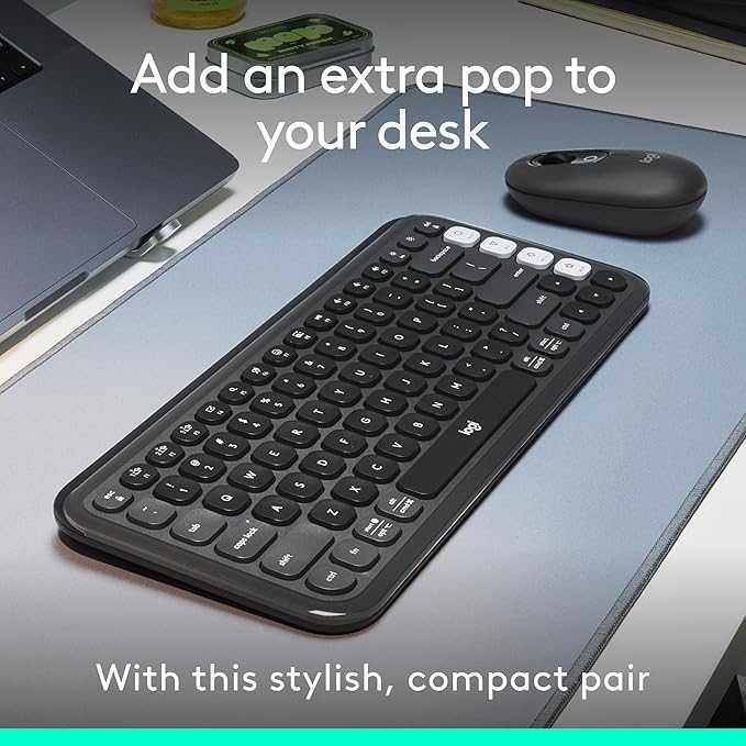 Logitech POP ICON Combo, Bluetooth Keyboard and Mouse Combo, Comfortable Typing, programmable Keys and Buttons, Quiet clicks, Easy-Switch up to 3 Devices - Graphite and Off-White