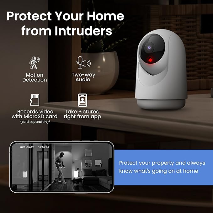 Feit Electric Indoor Security Camera with Motion Detection, 30ft. Night Vision, Pan and Tilt Head, 2.4GHz WiFi, 2-Way Audio, 1080p HD, Works with Alexa & Google Asst, Plug-in, White, CAM/PAN/WiFi/G2