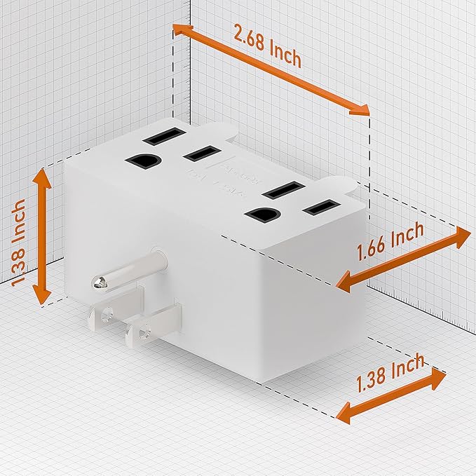 PA-0508W 90 Degree Right Angled USA Male-Female Power Adapter, 5-15P to 2 * 5-15R Direction Changer Space Save Adapter White