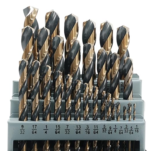 29Pcs Cobalt Drill Bit Set, 135 Degree Tip High Speed Steel with Black and Gold Finish, Stainless Steel, Plastic and Wood with Metal Indexed Storage Case 1/16"-1/2"