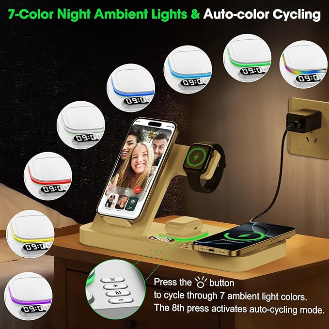 Dual Phone Wireless Charging Station for Apple Devices, Magnetic Charging Station for iPhone with Auto Switch 7-Color Light&Clock, Family Watch Charger for iPhone17 for iWatch10 for AirPods Pro3(White