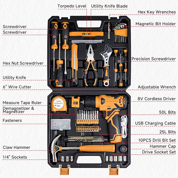 Tool Set - Tool Kit with 8V Cordless Drill, 132 Piece Tool Box with Drill, Home Tool Kits for Men & Women, Hand Drill Set Perfect for Homeowner, Diyer, Handyman-Yellow
