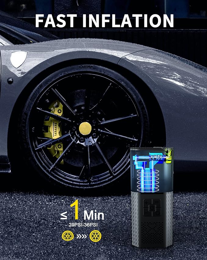 TEMOLA Tire Inflator Portable Air Compressor, 150PSI Portable Air Pump for Car Tires, Car Tire Air Pump Portable with Accurate Pressure LCD Display and LED Light, Cordless Tire Inflator for Cars Bike