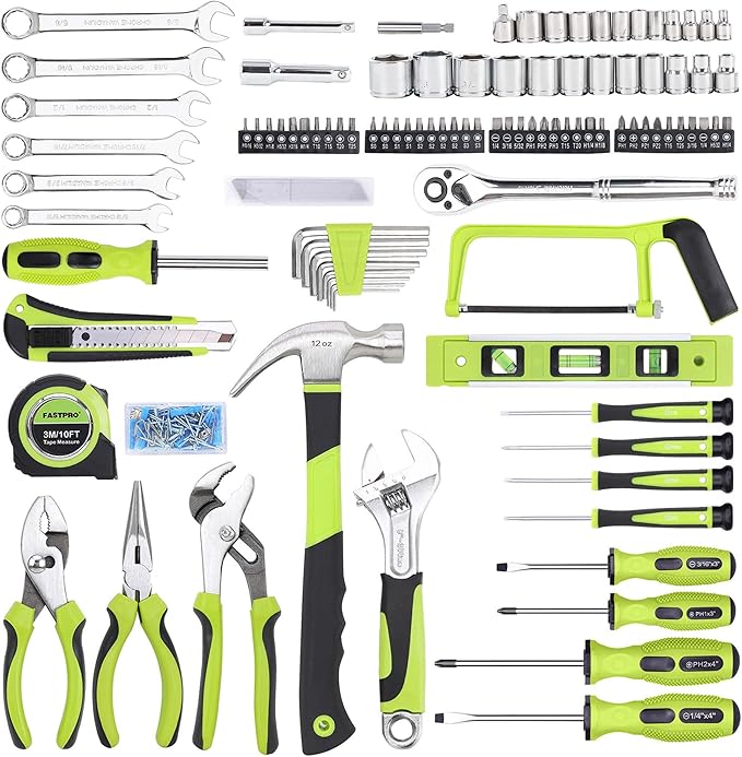 FASTPRO 198-Piece Household Tool Set, Home Repairing Tool Set with Toolbox, SAE Mechanics Hand Tool Kit for DIY, Home Maintenance, Green