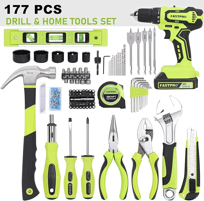FASTPRO 177-Piece 20V Cordless Lithium-ion Drill Driver and Home Tool Set, Household Repairing Tool Kit with Drill in Storage Case, Green