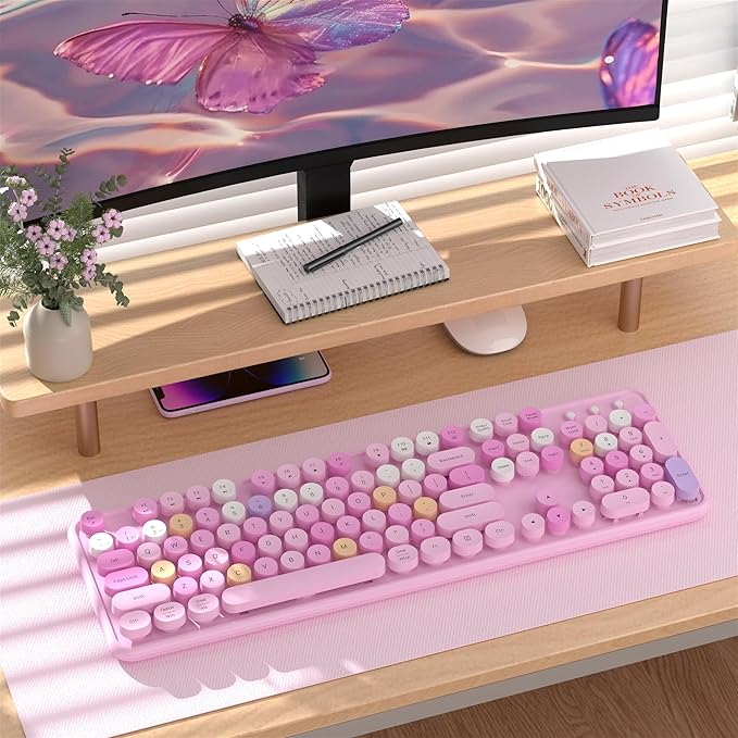 Colorful Wireless Bluetooth Keyboard, 2.4G & Dual Bluetooth Multi-Device, Typewriter Retro Round Keycaps 104 Keys Full-Size for PC Laptop Tablet Phone (Pink-Colorful)