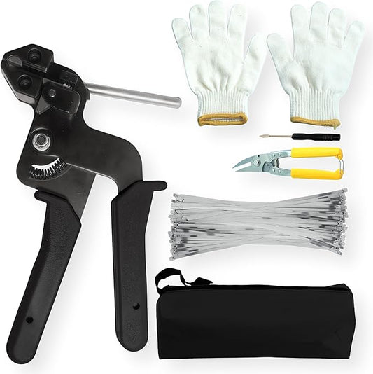 Metal Zip Ties Tool Stainless Steel Cable Tie Gun Kit with Stainless Zip Ties Metal & Cable Tie Buckle – Heavy Duty Tool for Securing Cables, Fencing, Exhaust Wrap, and More