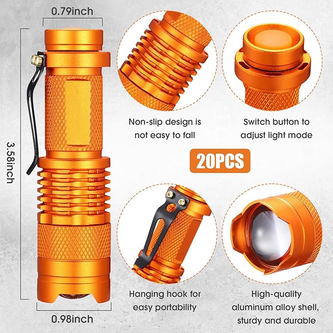 Fumete 20 Pieces LED Flashlight Mini 3 Mode Tactical Torch Small Water Resistant Pocket Flash Light Adjustable Focus Light Pen for Men, Father, Indoor Outdoor Hiking(Orange)